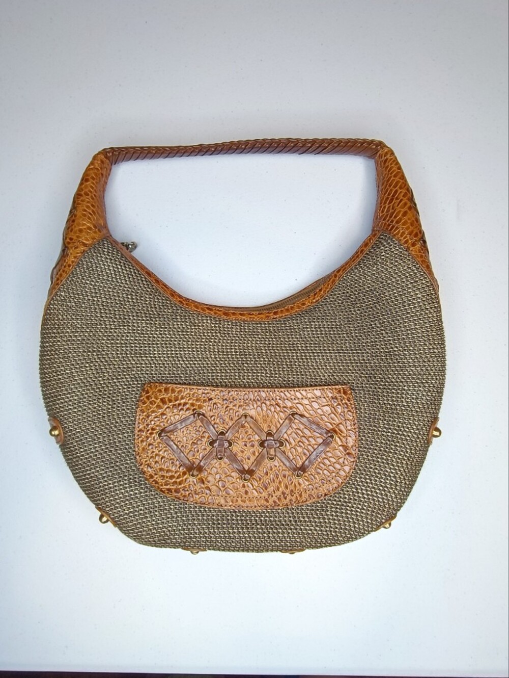 Eric Javits Woven Squishee & Croc-Embossed Leather Hobo Bag
